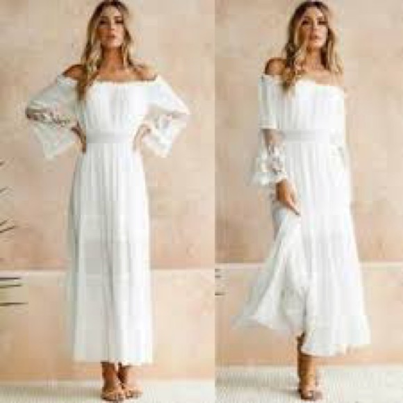 Women white boho off shoulder maxi dress photoshoot - Picture 10 of 10